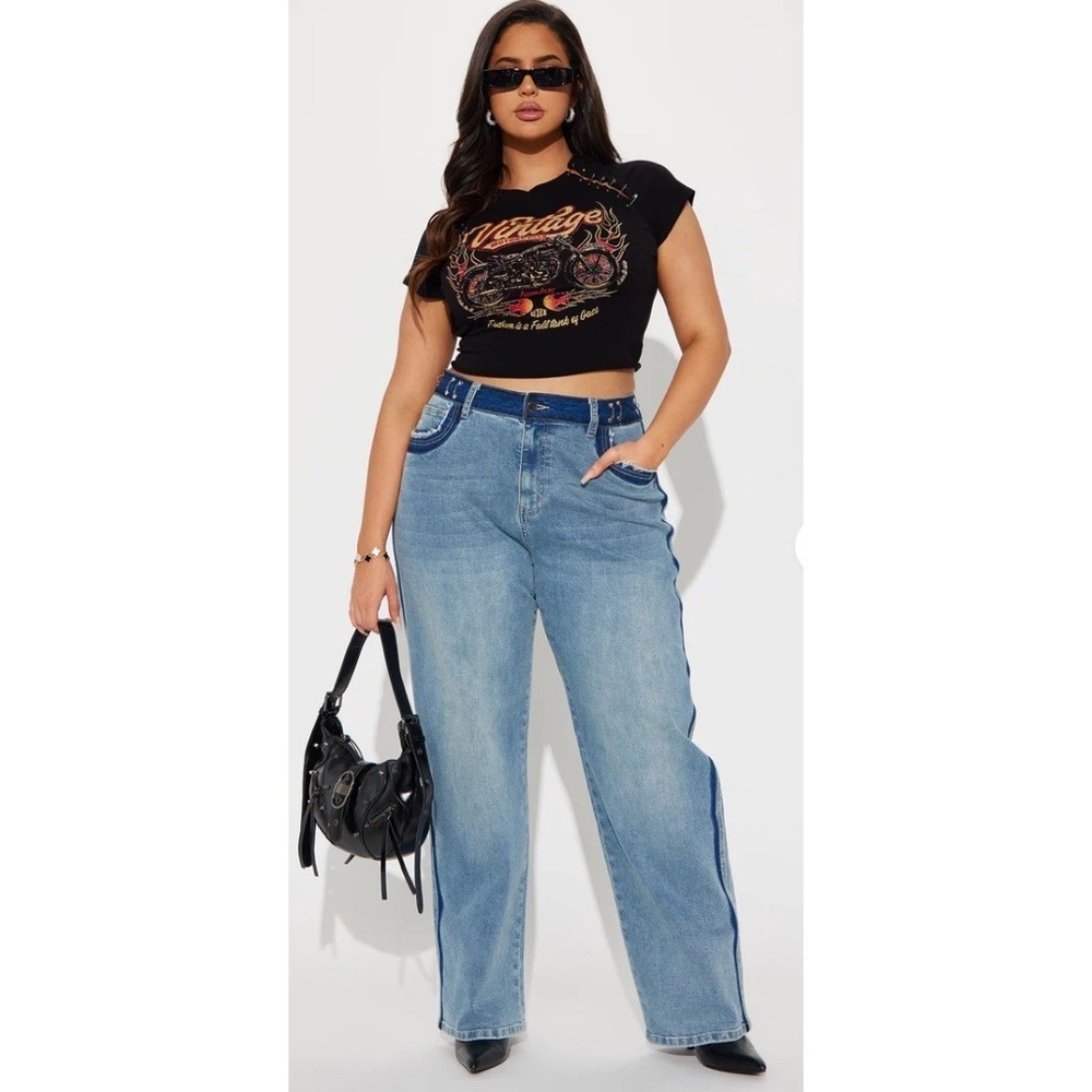Fashion‎ Nova Light Wash Wide Leg women's Jeans Adjustable Hook Clasp Waistband